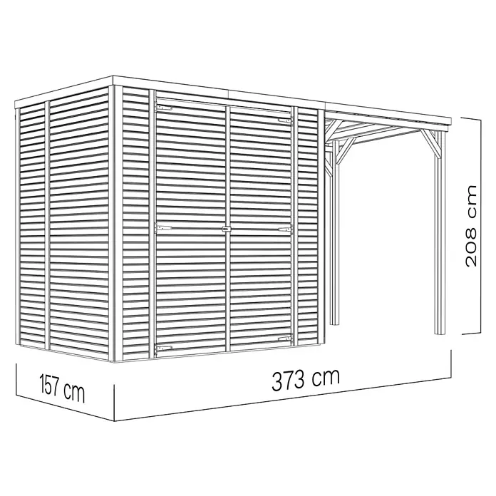 Bertilo Gerätehaus Box 2 mit Anbau - Außenmaß inkl. Dachüberstand (B x T): 170 x 170 cm, Holz, Naturbelassen - Abbildung des Gartenhauses mit Abmessungen: 157 cm Breite, 373 cm Länge und 208 cm Höhe.