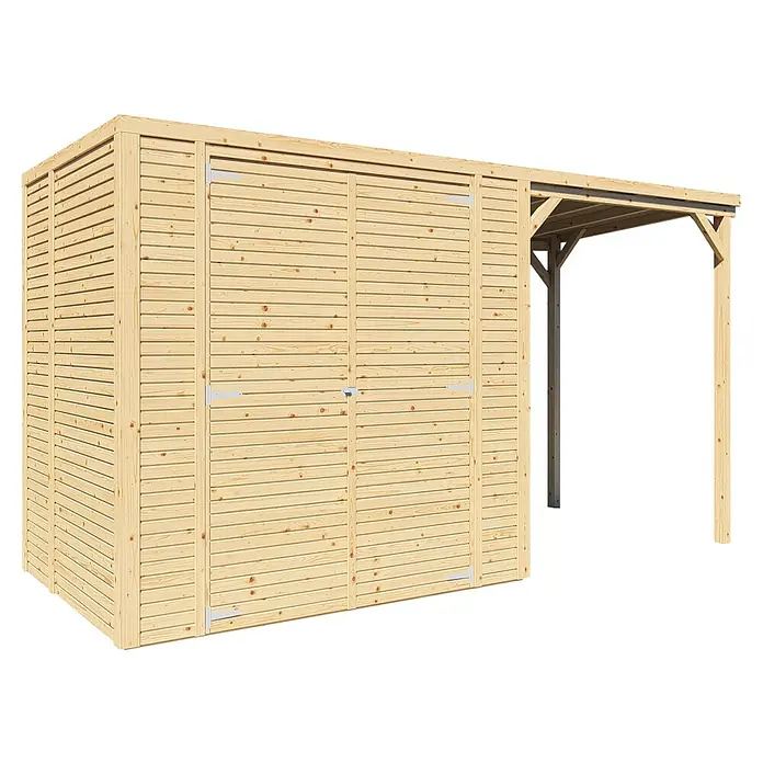 Bertilo Gerätehaus Box 2 mit Anbau - Außenmaß inkl. Dachüberstand (B x T): 170 x 170 cm, Holz, Naturbelassen - Holzschuppen mit Doppeltür und überdachtem Eingangsbereich, ideal zur Aufbewahrung von Gartengeräten und Werkzeugen im Außenbereich.