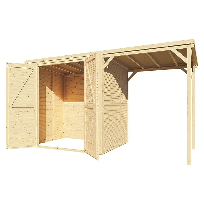 Bertilo Gerätehaus Box 2 mit Anbau - Außenmaß inkl. Dachüberstand (B x T): 170 x 170 cm, Holz, Naturbelassen - Geräumiges Holzlager mit Doppeltüren und überdachtem Bereich für optimale Lagerung im Freien. Praktisch und ästhetisch.