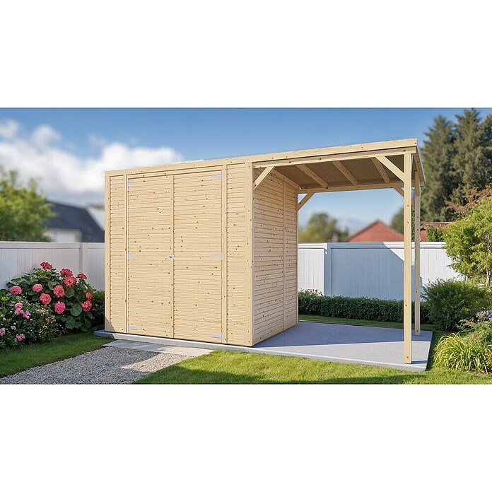 Bertilo Gerätehaus Box 2 mit Anbau (Außenmaß inkl. Dachüberstand (B x T): 170 x 170 cm, Holz, Naturbelassen) | BAUHAUS