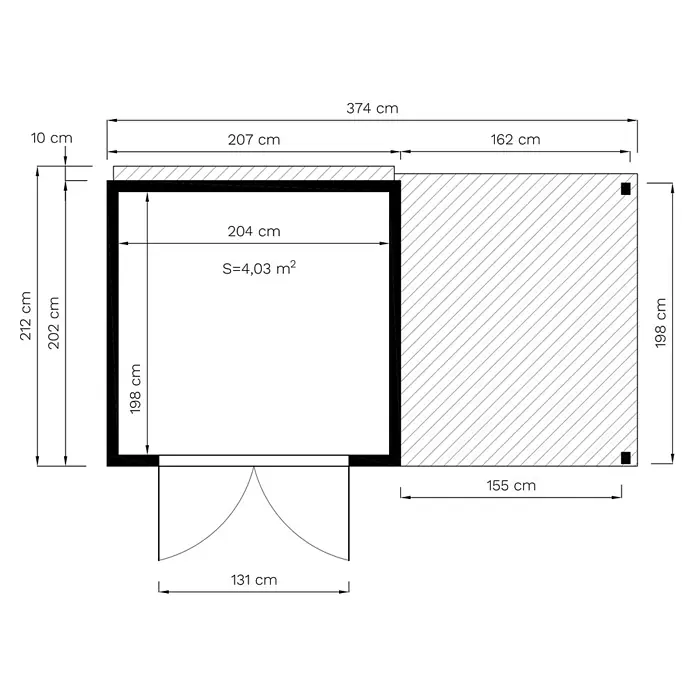 Bertilo Gerätehaus Box 3 mit Anbau - Außenmaß inkl. Dachüberstand (B x T): 212 x 207 cm, Holz, Naturbelassen - Detaillierter Bauplan eines Gerätehauses mit den Maßen 374 cm Länge und 212 cm Breite, inklusive einer Terrasse und den Türabmessungen.