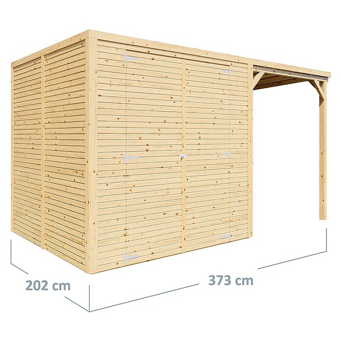Bertilo Gerätehaus Box 3 mit Anbau (Außenmaß inkl. Dachüberstand (B x T): 212 x 207 cm, Holz, Naturbelassen) | BAUHAUS
