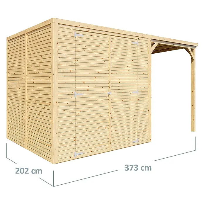 Bertilo Gerätehaus Box 3 mit Anbau - Außenmaß inkl. Dachüberstand (B x T): 212 x 207 cm, Holz, Naturbelassen - Ansicht eines Holzschuppens mit den Maßen 202 x 373 cm, ideal für die Gartenaufbewahrung.