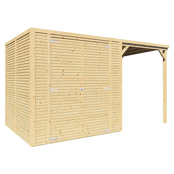 Bertilo Gerätehaus Box 3 mit Anbau - Außenmaß inkl. Dachüberstand (B x T): 212 x 207 cm, Holz, Naturbelassen - Außenaufnahme eines Holzschuppens mit angrenzendem Vordach, ideal zur Aufbewahrung von Gartengeräten und als Wetterschutz.