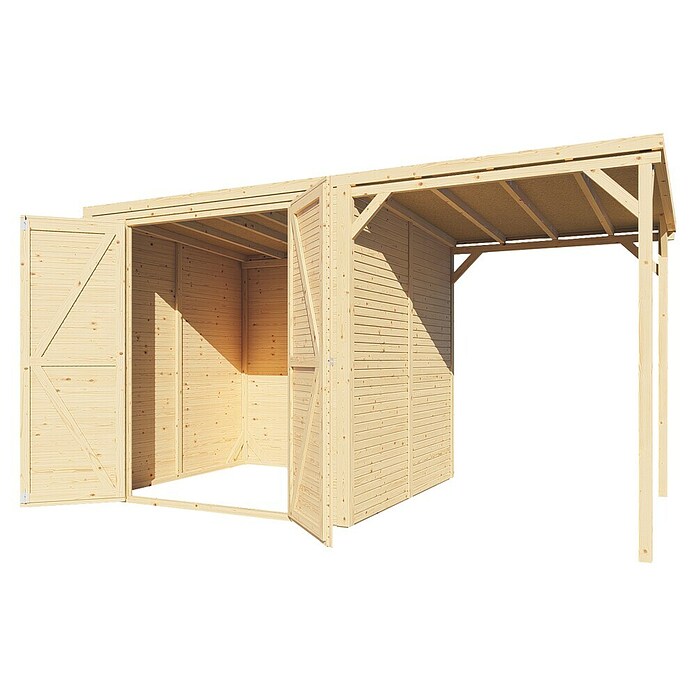 Bertilo Gerätehaus Box 3 mit Anbau (Außenmaß inkl. Dachüberstand (B x T): 212 x 207 cm, Holz, Naturbelassen) | BAUHAUS