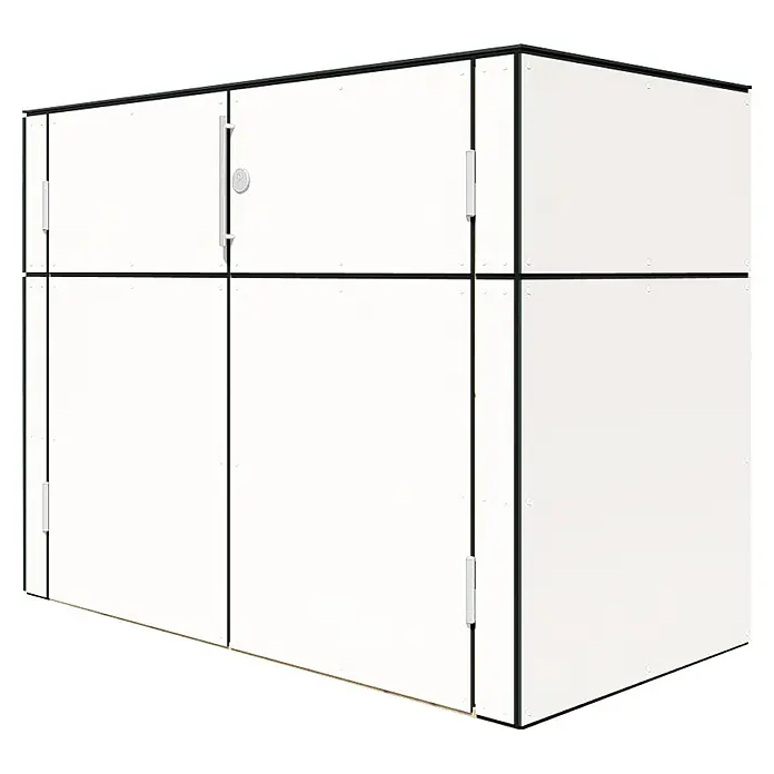 Bertilo Gartenschrank HPL Terrace - Außenmaß inkl. Dachüberstand (B x T): 75 x 155 cm, Holz, Weiß/Anthrazit - Das Bild zeigt ein weißes, modulares Kühlhaus mit schwarzen Rahmenlinien und einer Tür mit Griff, ideal für Lagerung und Kühlung.