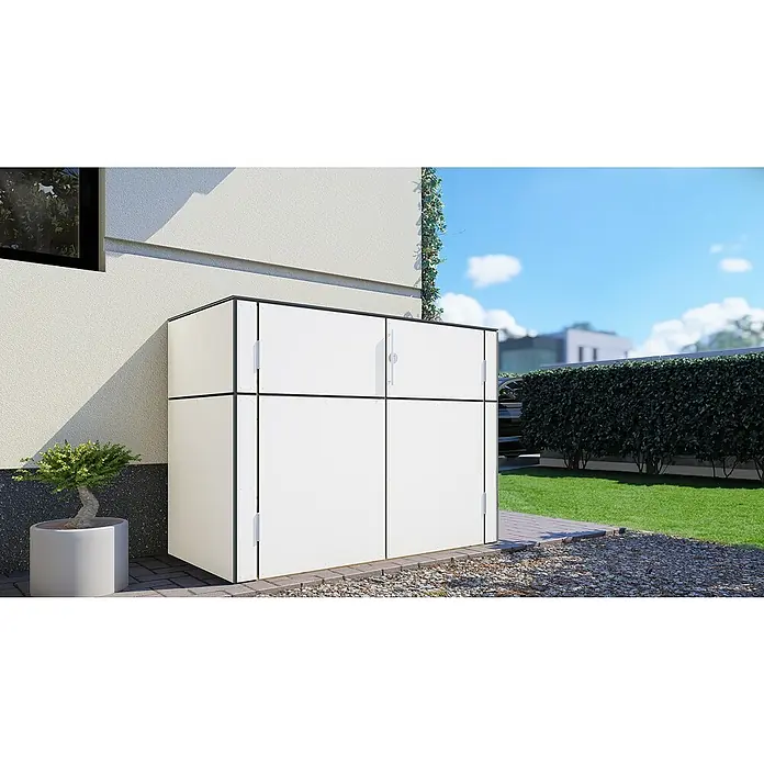 Bertilo Gartenschrank HPL Terrace - Außenmaß inkl. Dachüberstand (B x T): 75 x 155 cm, Holz, Weiß/Anthrazit - Außenaufnahme eines weißen Mülltonnenbox aus Metall mit schwarzen Akzenten, ideal für die stilvolle Mülltonnenaufbewahrung im Freien.