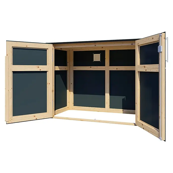 Bertilo Gartenschrank HPL Terrace - Außenmaß inkl. Dachüberstand (B x T): 75 x 155 cm, Holz, Weiß/Anthrazit - Das Bild zeigt ein Holzhäuschen mit geöffneten Fenstern und Türen, das einen Einblick in sein Inneres gewährt.