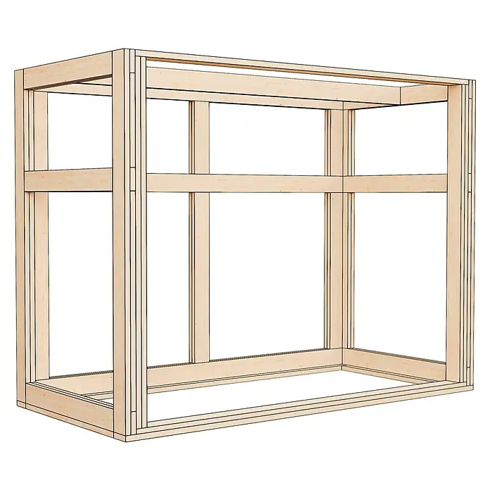 Bertilo Gartenschrank HPL Terrace - Außenmaß inkl. Dachüberstand (B x T): 75 x 155 cm, Holz, Weiß/Anthrazit - Darstellung eines unbehandelten Holzrahmenbaus, ideal für DIY-Projekte und Innenausbau, mit klaren Linien und stabiler Konstruktion.
