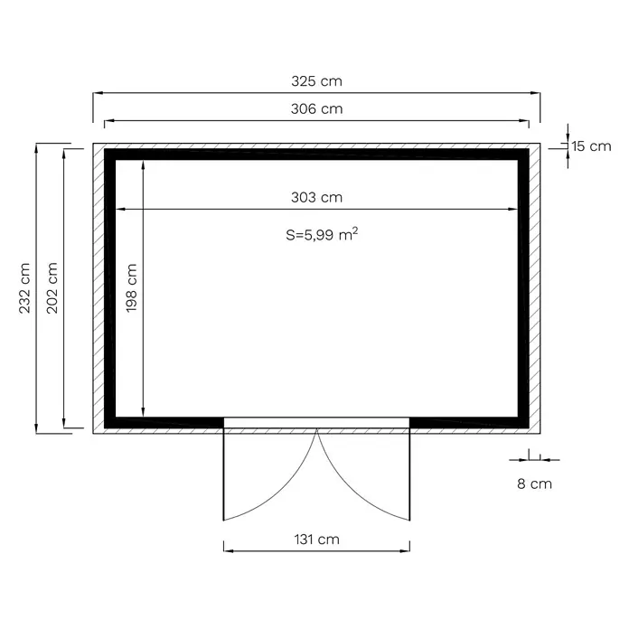 Bertilo Gartenhaus Plexi Apex 4 - Außenmaß inkl. Dachüberstand (B x T): 232 x 325 cm, Holz, Ohne Anbau - Grundriss eines Raumes mit Maßangaben, inklusive Wandstärken und Türöffnung, zur Visualisierung der Raumaufteilung.