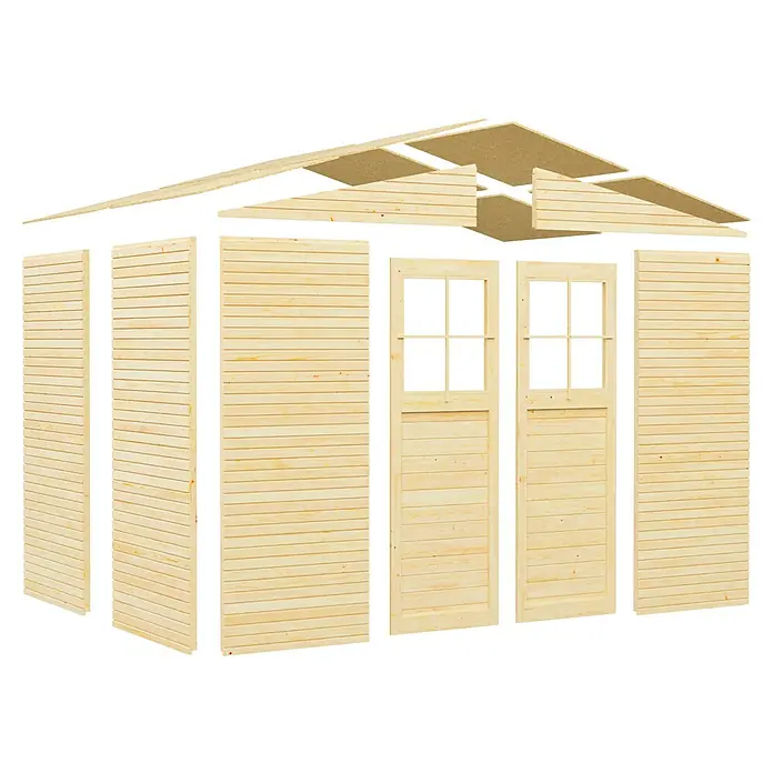 Bertilo Gartenhaus Plexi Apex 4 - Außenmaß inkl. Dachüberstand (B x T): 232 x 325 cm, Holz, Ohne Anbau - Bausatz für ein Holzgartenhaus mit Türen und Dach zur Selbstmontage im Garten.