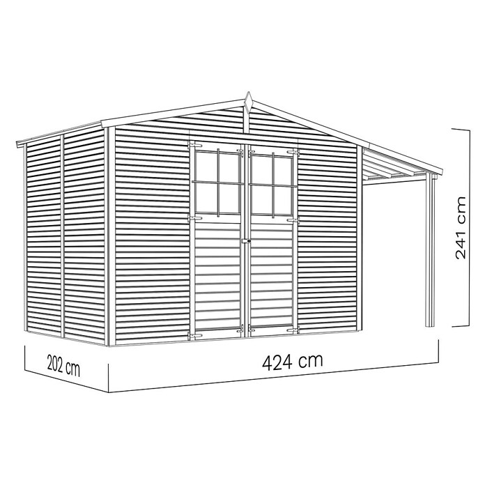 Bertilo Gartenhaus Plexi Apex 4 Plus (Außenmaß inkl. Dachüberstand (B x T): 209 x 435 cm, Holz, Natur, Mit Anbau) | BAUHAUS