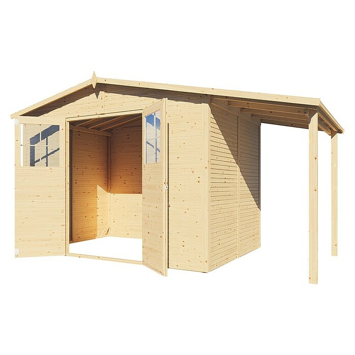Bertilo Gartenhaus Plexi Apex 4 Plus (Außenmaß inkl. Dachüberstand (B x T): 209 x 435 cm, Holz, Natur, Mit Anbau) | BAUHAUS