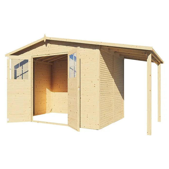 Bertilo Gartenhaus Plexi Apex 4 Plus - Außenmaß inkl. Dachüberstand (B x T): 209 x 435 cm, Holz, Mit Anbau - Das Bild zeigt ein offenes Holzgartenhaus mit Fenstern, dessen Türen geöffnet sind, wodurch das Innere und die Holzkonstruktion sichtbar werden.