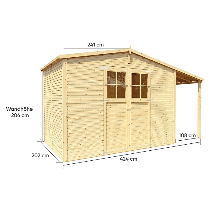 Bertilo Gartenhaus Plexi Apex 4 Plus (Außenmaß inkl. Dachüberstand (B x T): 209 x 435 cm, Holz, Natur, Mit Anbau) | BAUHAUS