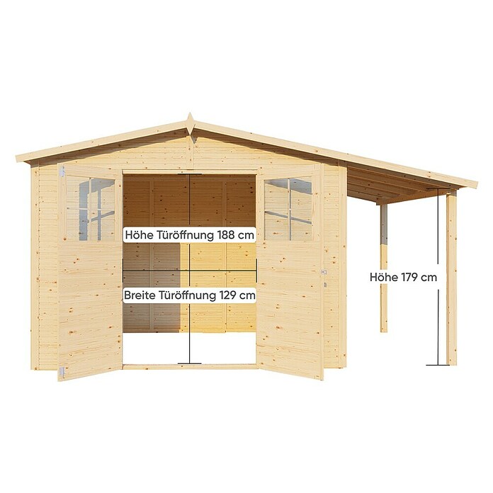 Bertilo Gartenhaus Plexi Apex 4 Plus (Außenmaß inkl. Dachüberstand (B x T): 209 x 435 cm, Holz, Natur, Mit Anbau) | BAUHAUS