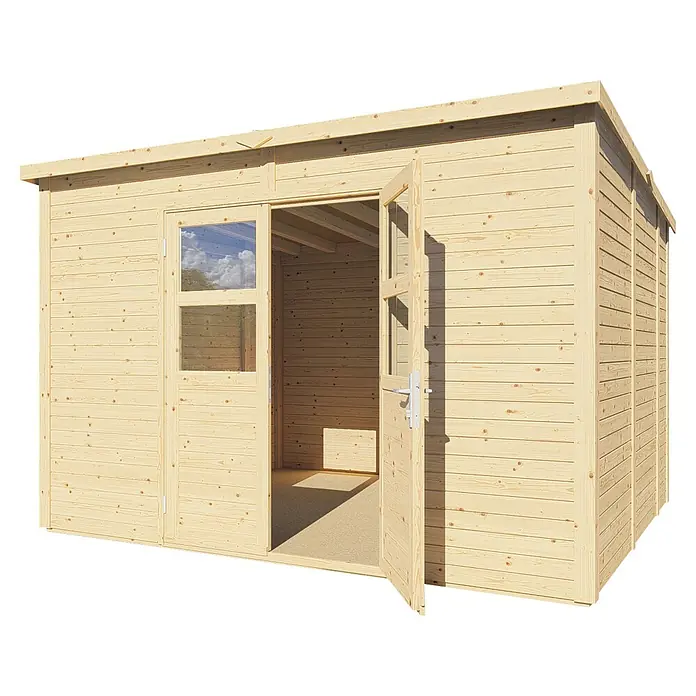 Bertilo Gartenhaus Borkum - Außenmaß inkl. Dachüberstand (B x T): 347 x 306 cm, Holz - Holzschuppen mit Doppeltüren und Fenster. Ideal für die Lagerung von Gartengeräten und Werkzeugen. Hohe Qualität und einfache Montage.