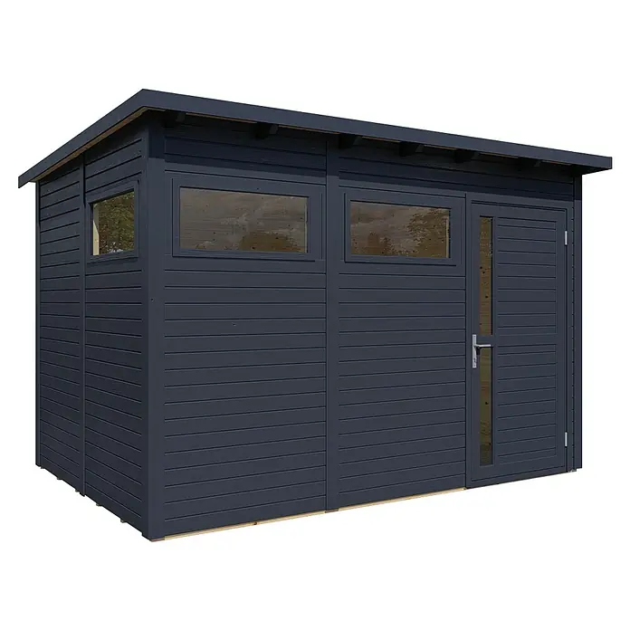 Bertilo Gartenhaus Pentus 3 - Außenmaß inkl. Dachüberstand (B x T): 265 x 259 cm, Holz - Ein blaues Gartenhaus mit einem Fenster, einer Tür und einem flachen Dach. Ideal für die Aufbewahrung von Gartengeräten.