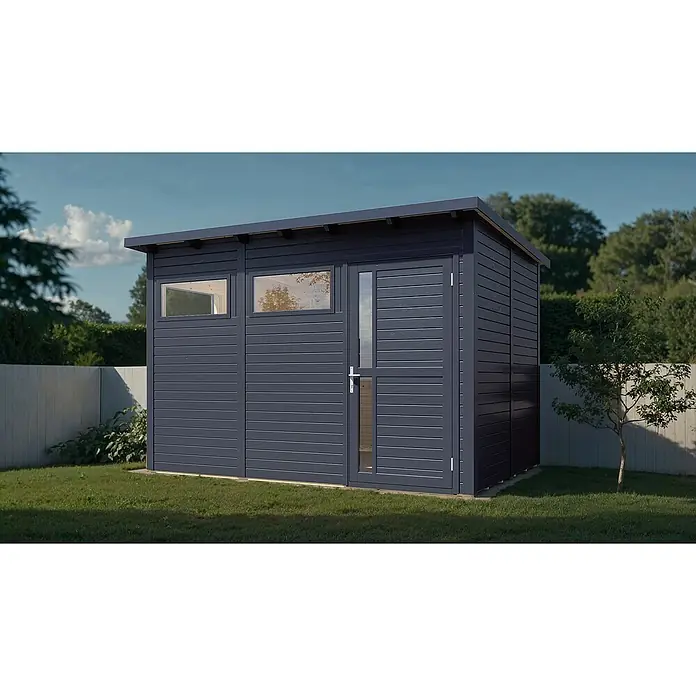 Bertilo Gartenhaus Pentus 3 - Außenmaß inkl. Dachüberstand (B x T): 265 x 259 cm, Holz - Ein modernes Gartenhaus mit horizontaler Holzverkleidung, Fenster und einer Tür mit Glas, eingebettet in eine grüne Gartenlandschaft.