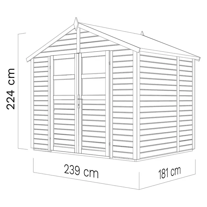 Bertilo Gerätehaus Visby - Außenmaß inkl. Dachüberstand (B x T): 191 x 259 cm, Holz - Abbildung eines Gartenhauses mit den Maßen 239 cm x 181 cm x 224 cm.