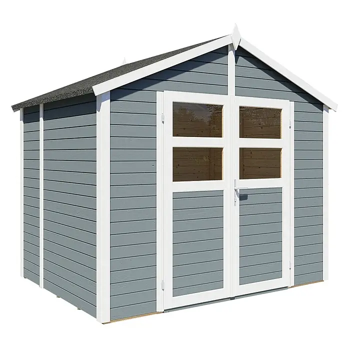 Bertilo Gerätehaus Visby - Außenmaß inkl. Dachüberstand (B x T): 191 x 259 cm, Holz - Ein graues Gartenhaus mit weißen Fensterrahmen und Doppeltüren. Es bietet Stauraum und Schutz für Gartengeräte.