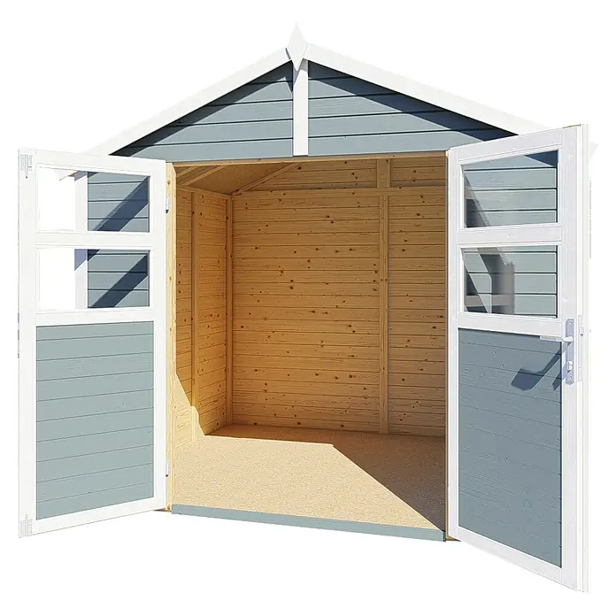 Bertilo Gerätehaus Visby - Außenmaß inkl. Dachüberstand (B x T): 191 x 259 cm, Holz - Geöffnete Gartengerätehaus aus Holz mit bläulichen Wänden und weißen Türrahmen, das einen Einblick ins Innere ermöglicht.