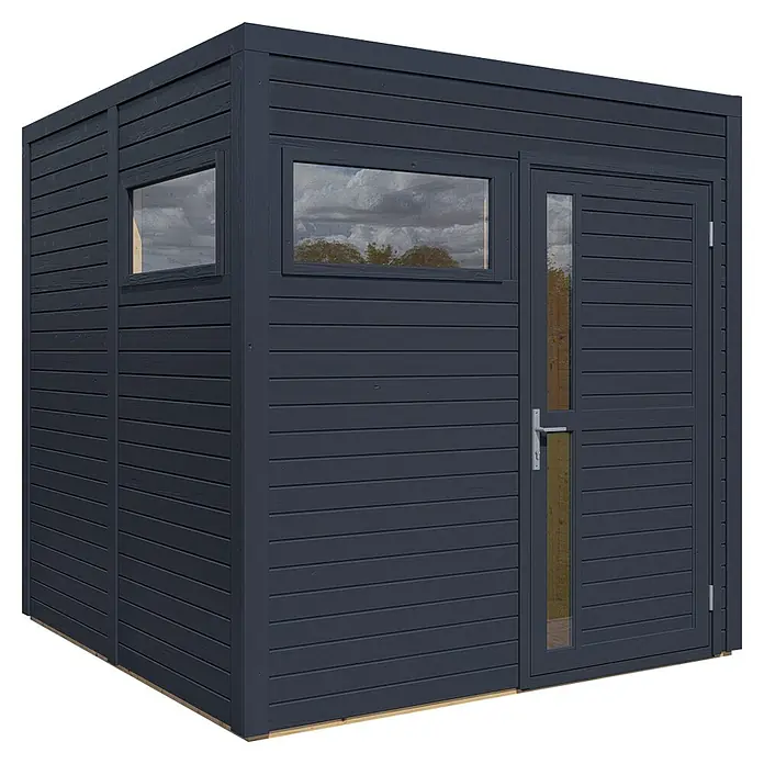 Bertilo Gerätehaus Cubus 2 - Außenmaß inkl. Dachüberstand (B x T): 240 x 226 cm, Holz, Anthrazit - Ein modernes, dunkelgraues Gartenhaus mit Fenster und Tür, ideal für die Aufbewahrung oder als stilvoller Rückzugsort im Garten.