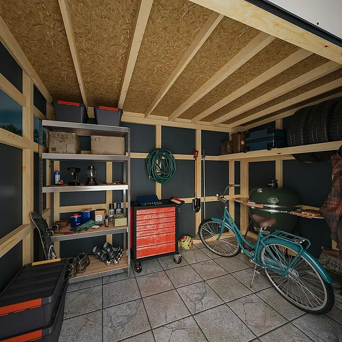 Bertilo Gerätehaus HPL 2 - Außenmaß inkl. Dachüberstand (B x T): 236 x 345 cm, Holz - Eine Garage mit Werkzeugwagen, Regal, Grill und einem türkisfarbenen Fahrrad. Die Garage bietet viel Stauraum für Werkzeuge und Gartengeräte.
