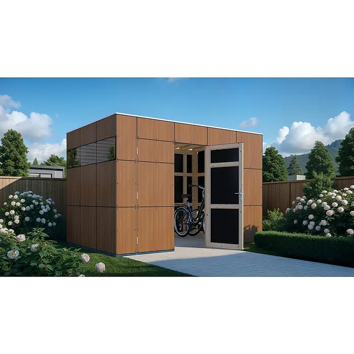 Bertilo Gerätehaus HPL 2 - Außenmaß inkl. Dachüberstand (B x T): 236 x 345 cm, Holz - Ein modernes Gartenhaus aus Holz mit offenstehender Tür und einem Fahrrad darin, umgeben von blühenden Rosenbüschen.
