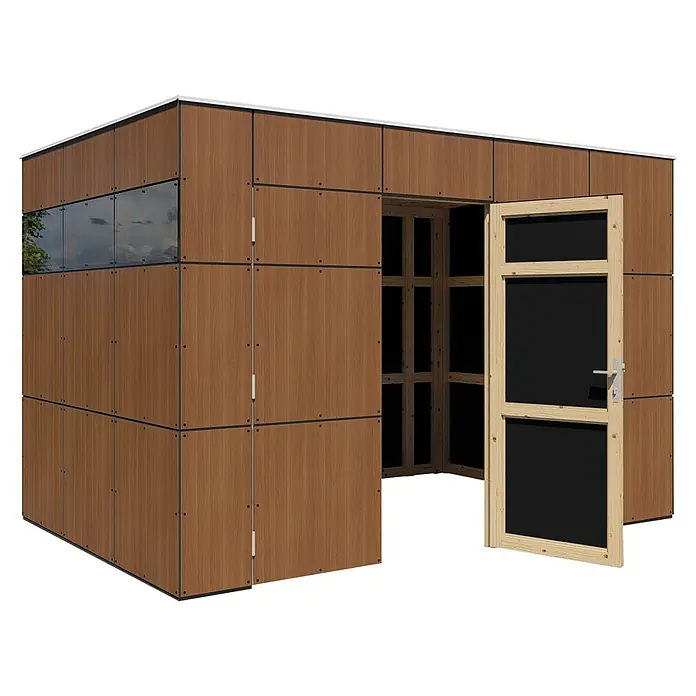 Bertilo Gerätehaus HPL 2 - Außenmaß inkl. Dachüberstand (B x T): 236 x 345 cm, Holz - Ansicht eines modernen, modularen Holzgartenhauses mit offenstehender Tür und Fenster.