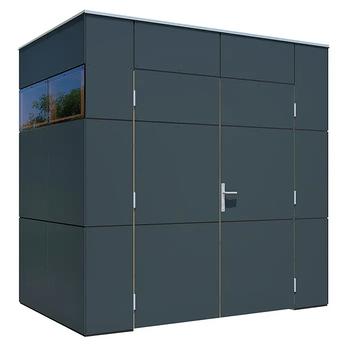 Bertilo Gerätehaus HPL Mini - Außenmaß inkl. Dachüberstand (B x T): 160 x 230 cm, Holz, Anthrazit - Aufnahme eines modernen, grauen Metallgartenhauses mit Fenster und Flügeltür, ideal für die Aufbewahrung im Freien.