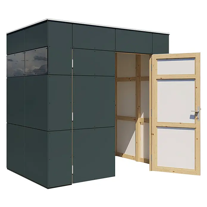 Bertilo Gerätehaus HPL Mini - Außenmaß inkl. Dachüberstand (B x T): 160 x 230 cm, Holz, Anthrazit - Das Bild zeigt eine moderne, modulare Gartenlaube mit einer einladenden, offenen Holztür, die einen hellen Innenraum offenbart.