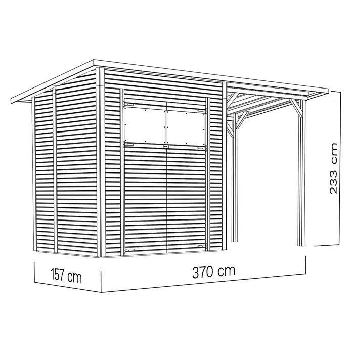 Bertilo Gerätehaus Pent Modern Plus - Außenmaß inkl. Dachüberstand (B x T): 157 x 418 cm, Holz - Illustration eines Gerätehauses mit einer Seitenmarkise und Größenangaben.