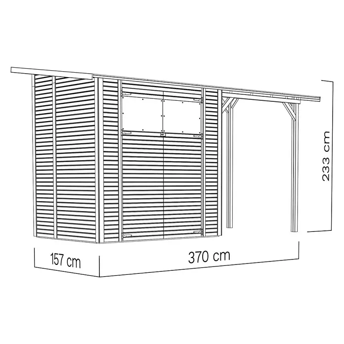 Bertilo Gerätehaus Pent Modern Plus - Außenmaß inkl. Dachüberstand (B x T): 157 x 418 cm, Holz - Bild einer Gartenlaube mit den Maßen 157 cm x 370 cm und einer Höhe von 233 cm. Die Laube hat Lamellenwände und eine offene Überdachung.