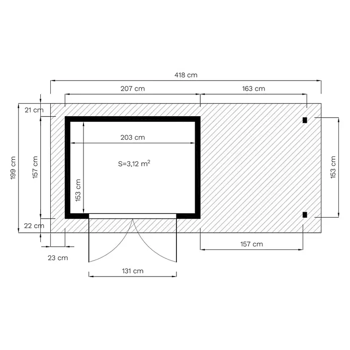 Bertilo Gerätehaus Pent Modern Plus - Außenmaß inkl. Dachüberstand (B x T): 157 x 418 cm, Holz - Grundrisszeichnung eines Raumes mit Maßangaben, inklusive Wandstärken, Türbreite und Gesamtfläche des Innenraums.