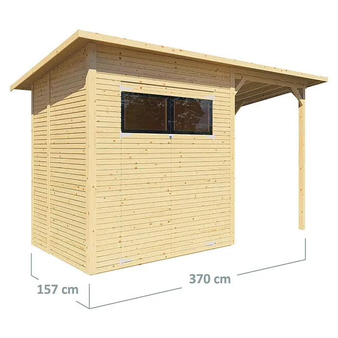 Bertilo Gerätehaus Pent Modern Plus - Außenmaß inkl. Dachüberstand (B x T): 157 x 418 cm, Holz - Abbildung eines Holzschuppens mit den Maßen 157 cm x 370 cm. Der Schuppen hat ein Fenster und ein Vordach, ideal für den Garten.