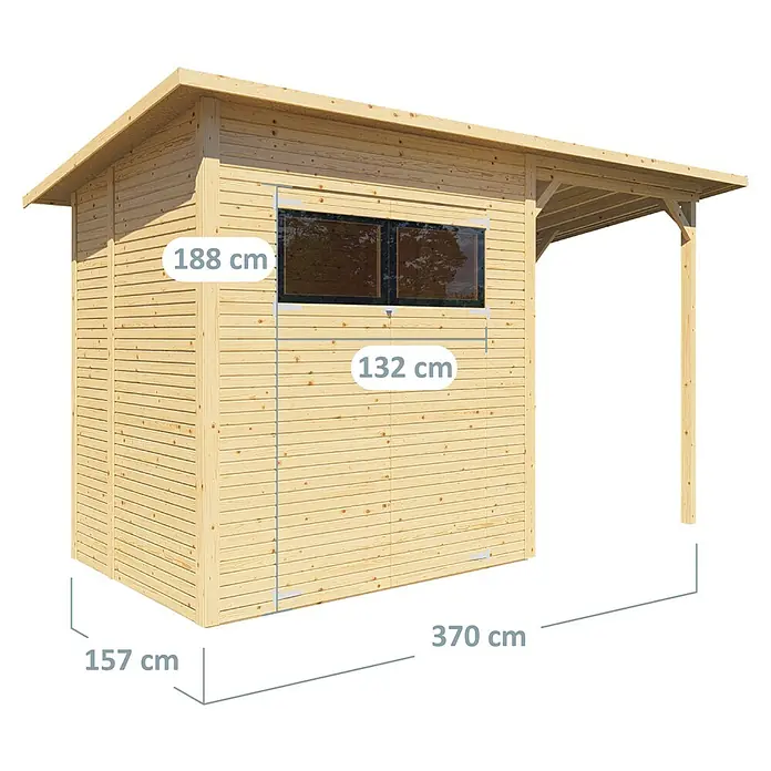 Bertilo Gerätehaus Pent Modern Plus - Außenmaß inkl. Dachüberstand (B x T): 157 x 418 cm, Holz - Ansicht eines Holzschuppens mit den Maßen 157 cm x 370 cm und einer Höhe von 188 cm + 132 cm.