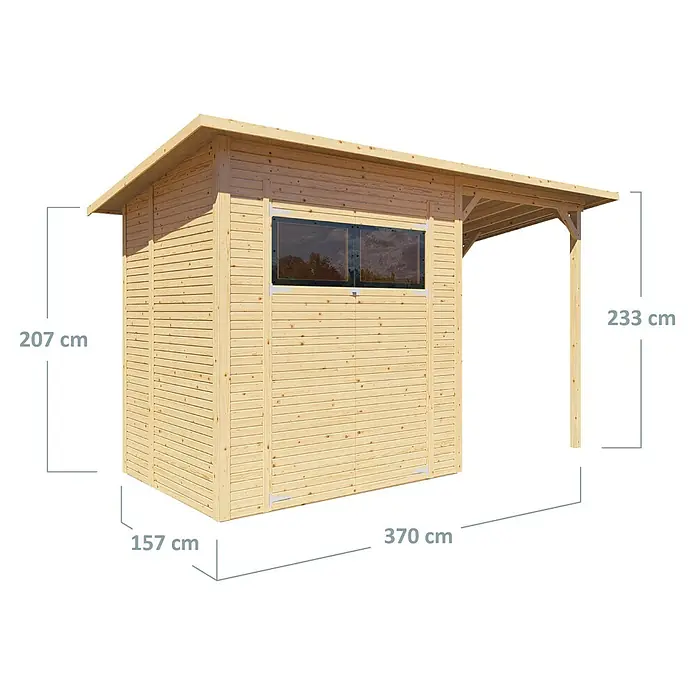 Bertilo Gerätehaus Pent Modern Plus - Außenmaß inkl. Dachüberstand (B x T): 157 x 418 cm, Holz - Abbildung einer Holzgartenhütte mit Fenster und den Maßen 207 cm Höhe, 157 cm Tiefe und 370 cm Breite.