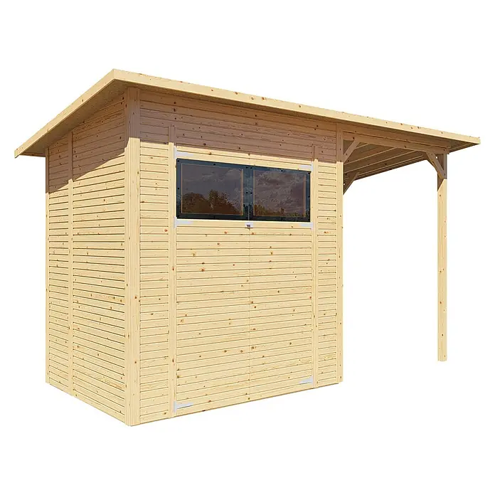 Bertilo Gerätehaus Pent Modern Plus - Außenmaß inkl. Dachüberstand (B x T): 157 x 418 cm, Holz - Aufnahme eines Holzschuppens mit Fenster und Vordach, der eine robuste und natürliche Konstruktion für den Außenbereich darstellt.