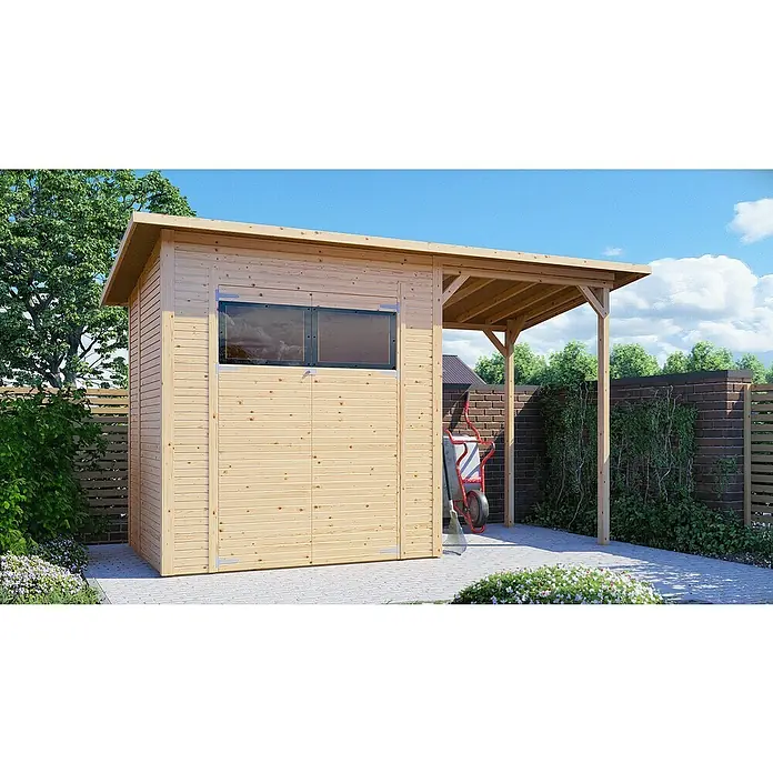 Bertilo Gerätehaus Pent Modern Plus - Außenmaß inkl. Dachüberstand (B x T): 157 x 418 cm, Holz - Ein geräumiges Gartenhaus aus Holz mit Anbau bietet viel Stauraum für Gartengeräte und -möbel. Ideal für Ordnung im Garten.