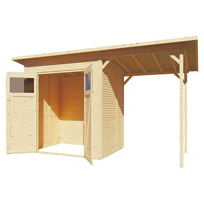 Bertilo Gerätehaus Pent Modern Plus - Außenmaß inkl. Dachüberstand (B x T): 157 x 418 cm, Holz - Große, offene Holzgarage mit Doppeltür, ideal zur Unterbringung von Fahrzeugen oder als Lagerraum im Garten.