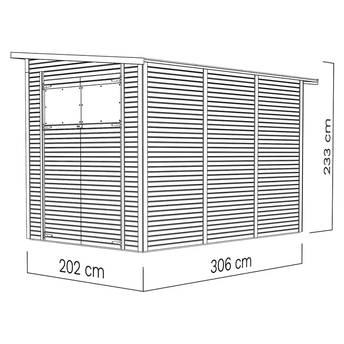 Bertilo Gerätehaus Pent Modern - Außenmaß inkl. Dachüberstand (B x T): 232 x 418 cm, Holz, Naturbelassen - Produktansicht des Gartenhauses mit den Maßen 202 x 306 x 233 cm, die eine detaillierte Darstellung des Designs und der Größe bietet.