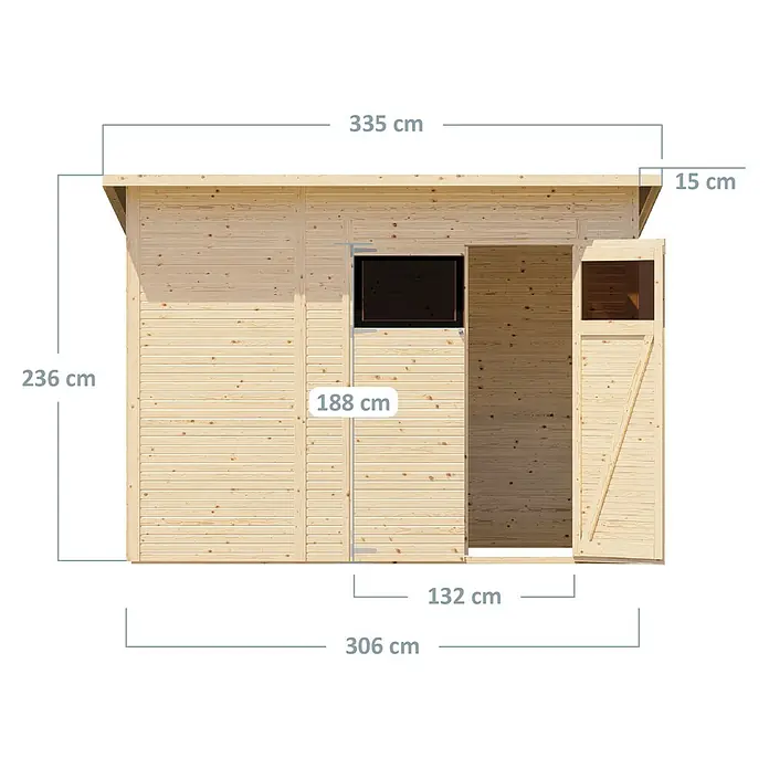 Bertilo Gerätehaus Pent Modern - Außenmaß inkl. Dachüberstand (B x T): 232 x 418 cm, Holz, Naturbelassen - Abbildung eines Gartenhauses mit Maßen.