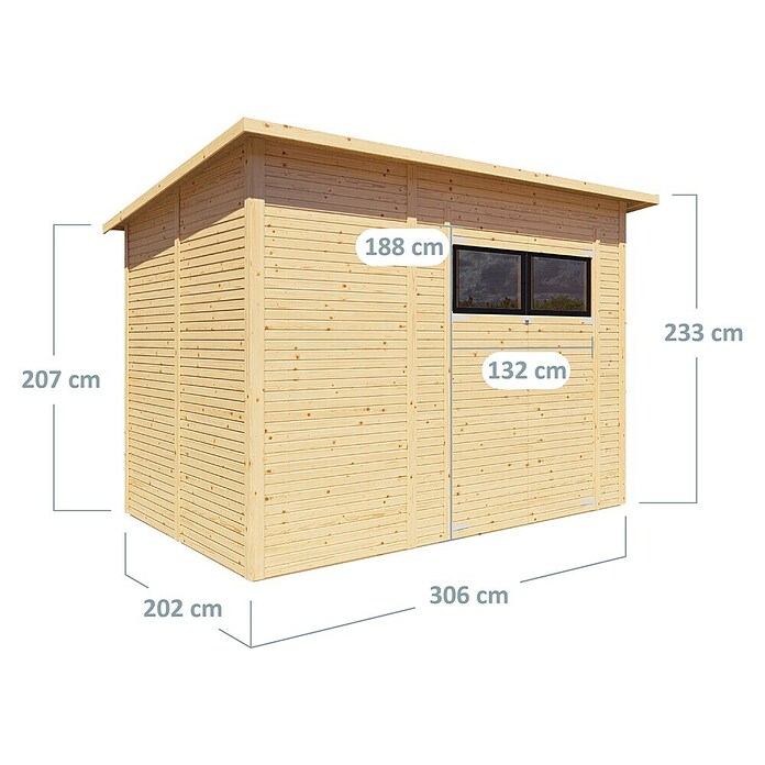 Bertilo Gerätehaus Pent Modern (Außenmaß inkl. Dachüberstand (B x T): 232 x 418 cm, Holz, Naturbelassen) | BAUHAUS