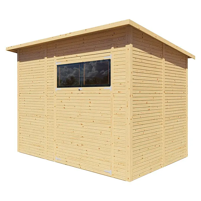 Bertilo Gerätehaus Pent Modern - Außenmaß inkl. Dachüberstand (B x T): 232 x 418 cm, Holz, Naturbelassen - Hölzernes Gartenhaus mit Fenster. Das Holzhaus verfügt über eine solide Bauweise und bietet Schutz vor Wind und Wetter.