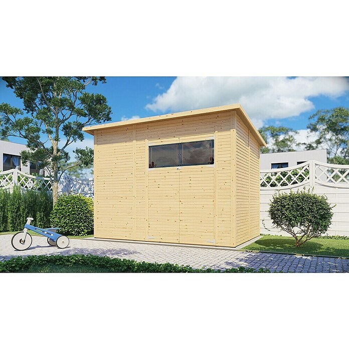Bertilo Gerätehaus Pent Modern (Außenmaß inkl. Dachüberstand (B x T): 232 x 418 cm, Holz, Naturbelassen) | BAUHAUS