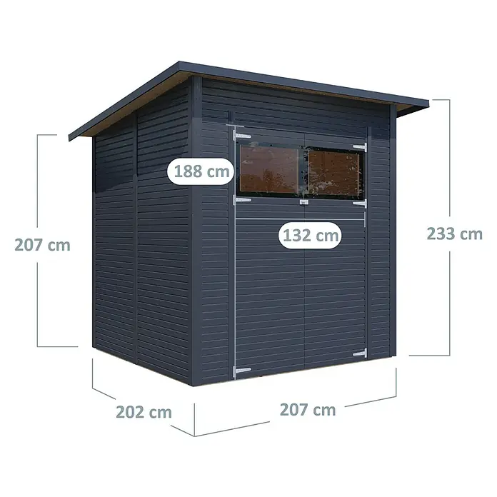 Bertilo Gerätehaus Pent Modern - Außenmaß inkl. Dachüberstand (B x T): 232 x 226 cm, Holz, Anthrazit - Abbildung eines Gartenhauses mit Maßangaben für Höhe, Breite und Fenster. Ideal zur Planung Ihres Gartenprojekts!