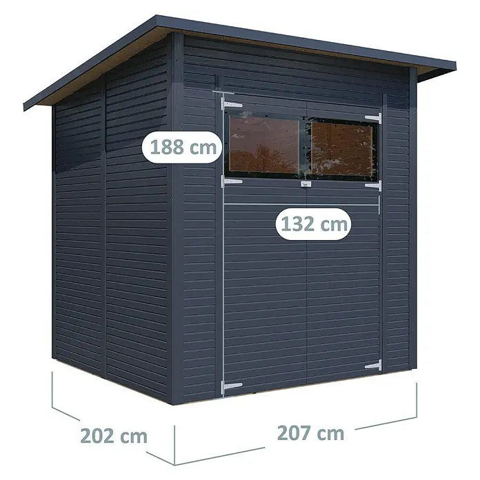 Bertilo Gerätehaus Pent Modern - Außenmaß inkl. Dachüberstand (B x T): 232 x 226 cm, Holz, Anthrazit - Abbildung eines Gerätehauses in Anthrazit mit Größenangaben. Praktisch für die Aufbewahrung von Gartengeräten.
