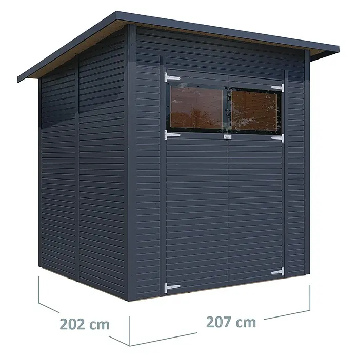 Bertilo Gerätehaus Pent Modern - Außenmaß inkl. Dachüberstand (B x T): 232 x 226 cm, Holz, Anthrazit - Gartenhaus aus Holz mit Fenstern, 202 cm x 207 cm, ideal für die Aufbewahrung von Gartengeräten und -möbeln.