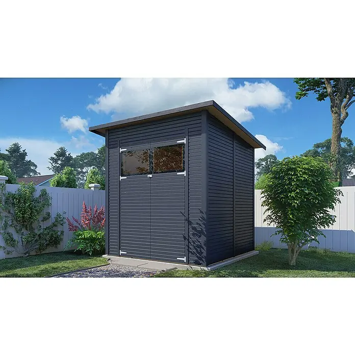 Bertilo Gerätehaus Pent Modern - Außenmaß inkl. Dachüberstand (B x T): 232 x 226 cm, Holz, Anthrazit - Modernes Gartenhaus in Anthrazit mit Fenster und Doppeltür. Die perfekte Lösung für zusätzlichen Stauraum im Garten.